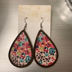 Leather & Wood Teardrop Earrings w/Floral Print